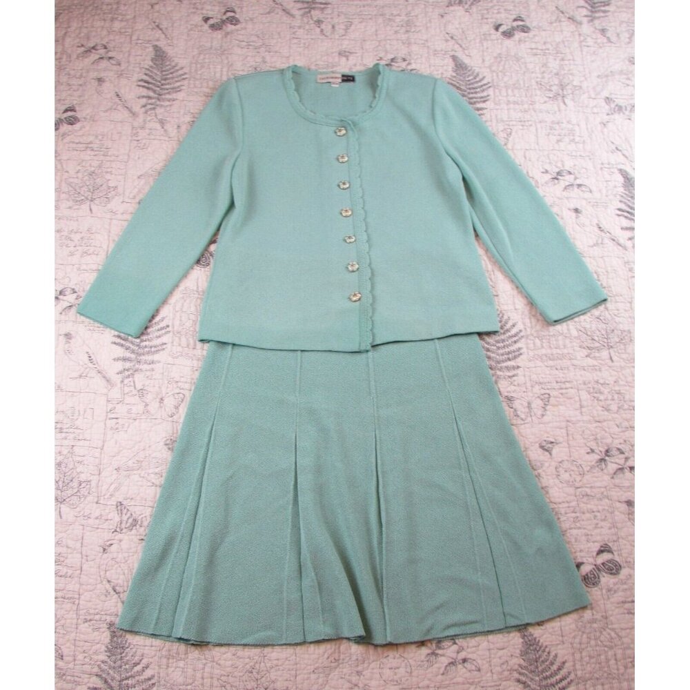 VTG Castleberry knit Skirt Suit Aqua Gold btn Pleated Union Church USA petitie 8 - Picture 9 of 10